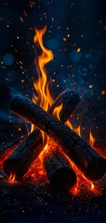 Glowing campfire with logs and sparks in the dark night.