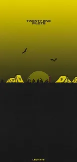 Sunset camping scene with yellow and black tones.