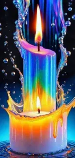 Vibrant candle with colorful flames and water droplets in abstract art.