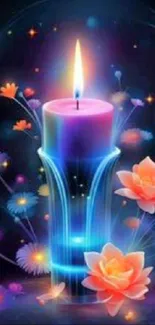 Blue candle art with flowers, glowing light.