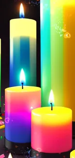 Colorful candles on a dark background, adding vibrancy.