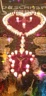 A vibrant candlelit heart with colorful flower petals on an altar.