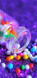 Colorful candy beads spill on purple glitter.