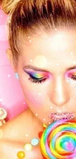 Vibrant wallpaper with candy theme and colorful makeup.