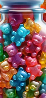 A colorful jar filled with vibrant gummy bears.