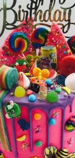 Colorful candy-themed birthday cake wallpaper.