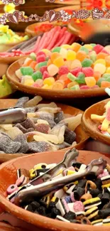 Colorful candy assortment in wooden bowls.