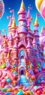 Vibrant candy-themed fantasy castle with colorful balloons.