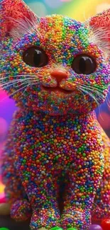 A vibrant cat covered in rainbow candy-like beads with colorful background.