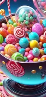 Colorful candy explosion mobile wallpaper with vibrant sweets.