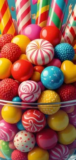 Vibrant candy-themed mobile wallpaper with colorful sweets in a glass jar.