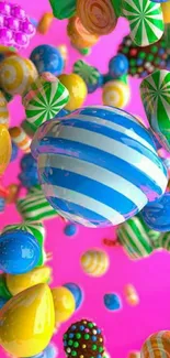 Colorful 3D candies with a pink background in vibrant wallpaper.