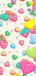 Colorful candy hearts with love messages on white background.