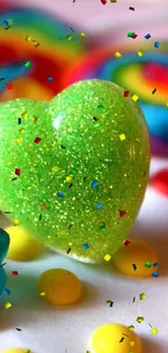 Sparkling green candy heart with colorful background.