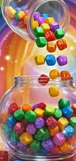 Vibrant candy jar with rainbow colors spilling out.