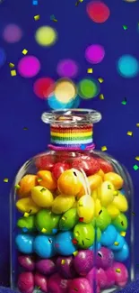 Colorful candy jar with vibrant background and bokeh.