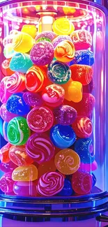 Vibrant jar filled with colorful candies and glowing lights.