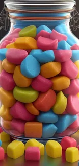 Vibrant jar filled with colorful candies.