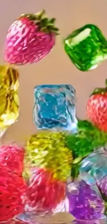 Colorful candy jelly with strawberries and cubes.