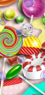 Colorful candy wallpaper with lollipops and sweets.