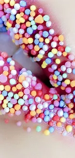 Vibrant lips covered with colorful sprinkles.