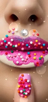 A playful wallpaper featuring vibrant candy lips and colorful nail art.