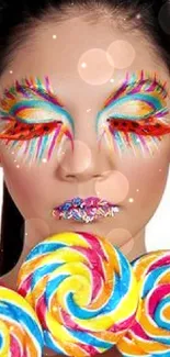 Colorful makeup and lollipops mobile wallpaper.