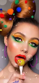 Colorful makeup with pom-pom hair and candy theme in vibrant wallpaper.