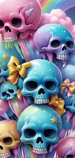 Vibrant fantasy art wallpaper with colorful skulls and rainbows.