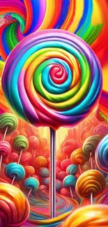 Colorful rainbow lollipop world with vibrant swirls.