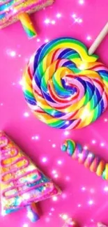 Colorful candyland wallpaper with lollipops on pink background.