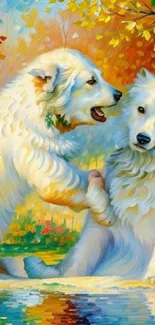 Artistic wallpaper featuring two white dogs with vibrant colors.