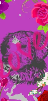 Sketch of a puppy with vibrant flowers on a purple background.