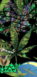 Vibrant cannabis leaf art on black background with colorful details.