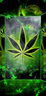 Vibrant wallpaper featuring a central cannabis leaf design with a green background.