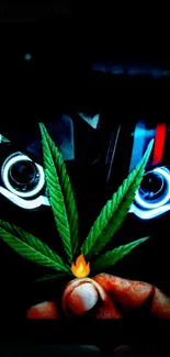 A cannabis leaf with glowing and mysterious mechanical eyes on a dark background.