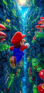 Vibrant canyon with oversized mushrooms and a video game character adventure.