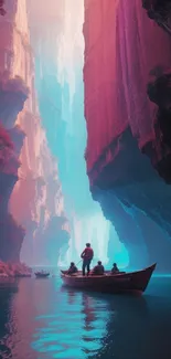 Boat journey through vibrant pink and teal canyon.