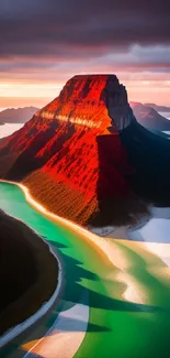 Vibrant canyon river at sunset with red rocks and a serene turquoise river.