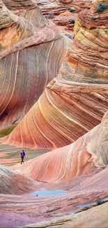 Vibrant canyon with red-orange waves and a lone hiker.