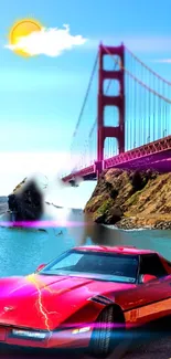 Red sports car near Golden Gate Bridge in vibrant wallpaper.