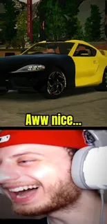 Black and yellow car with smiling gamer