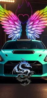 Teal sports car with colorful wings and dragon decal.