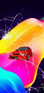 Abstract wallpaper with red car and vibrant neon colors.