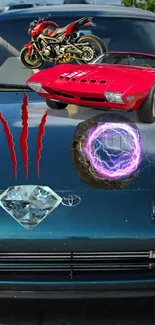 Dynamic wallpaper with sports car, motorcycle, diamond, and neon design on a hood.