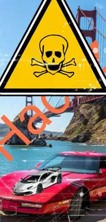 Red sports car with bridge and caution sign in digital artwork.