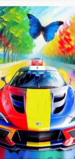 Colorful sports car with a butterfly on a vibrant background.