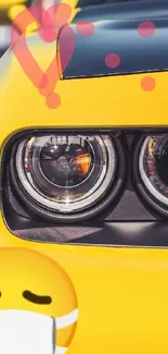 Yellow sports car with emojis, bright and playful design.