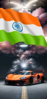 Vibrant sports car with Indian flag background.