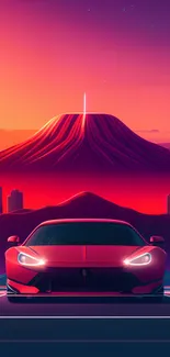 Vibrant mobile wallpaper of a car and mountain at sunset.